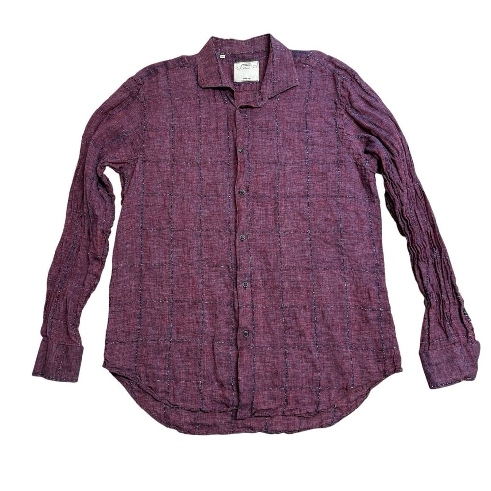 MAURIZIO BALDASSARI BRERA SHIRT MENS XXL LINEN MADE IN ITALY BURGUNDY CHECK